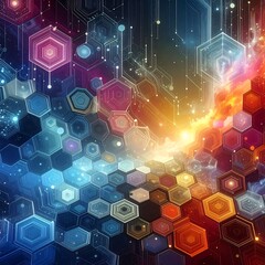 Fototapeta premium Abstract digital art with glowing hexagons and flowing lines