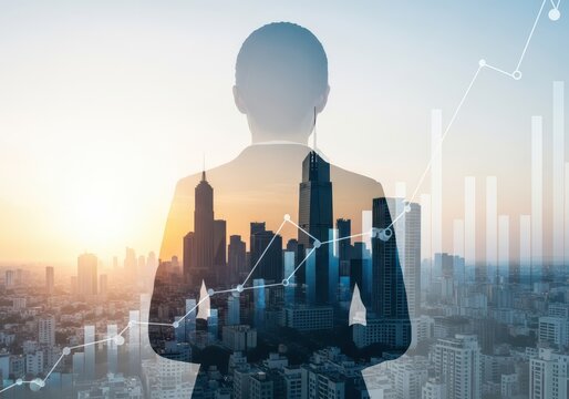 Double exposure of businessman silhouette with cityscape and financial graph overlay, representing business growth and success