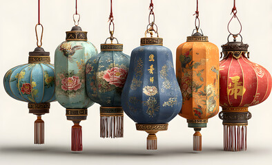 Set collection of various Chinese lantern isolate on transparent background, 3D illustration