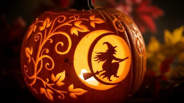 Intricately carved Halloween pumpkin featuring a witch on a broomstick flying across a crescent moon, illuminated from within.