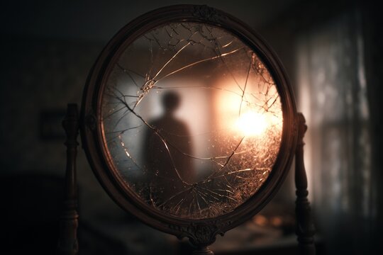 Broken antique mirror with shadowy figure - Powered by Adobe