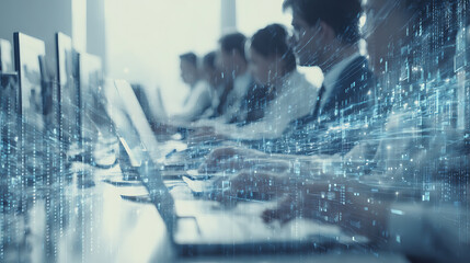 Team of professionals working on computers with digital data overlay in a modern office environment