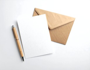Blank card, kraft envelope, and pen on white