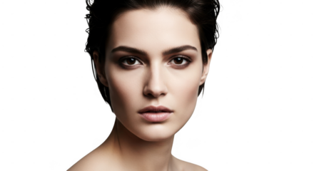A striking woman with dark hair and intense eyes gazes forward with a neutral expression isolated on transparent background