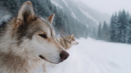 Obraz premium Two dogs are standing in the snow
