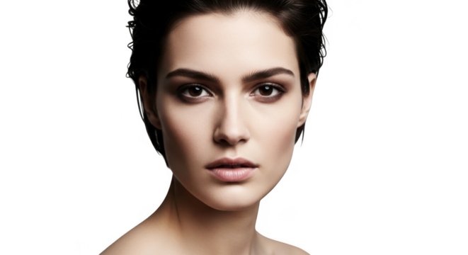 A striking woman with dark hair and intense eyes gazes forward with a neutral expression isolated on transparent background - Powered by Adobe