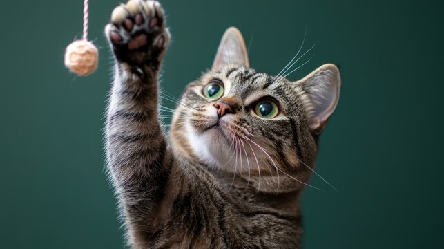Adorable tabby cat playfully reaching for a dangling toy ball with vibrant green eyes showcasing feline agility and pet charm