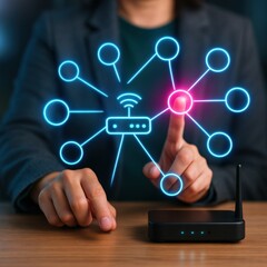 Naklejka premium Engaging in interactive technology networking office environment digital illustration professional atmosphere close-up view connectivity concept