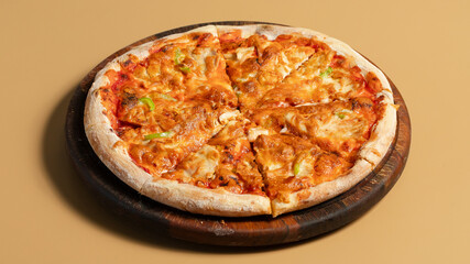 Pizza on wooden tray isolated