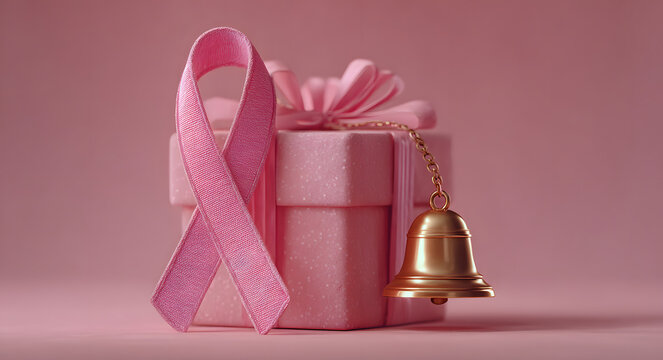 Breast cancer awareness ribbon with gift box bell notification decoration background, copy space text, 3d rendering illustration - Powered by Adobe