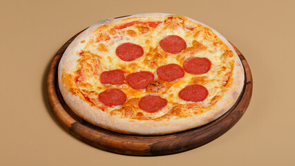 Pizza on wooden tray isolated