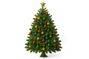 Fototapeta premium Christmas tree standing decorated with a golden star, red, blue, green, and gold baubles, and garlands, on transparent background