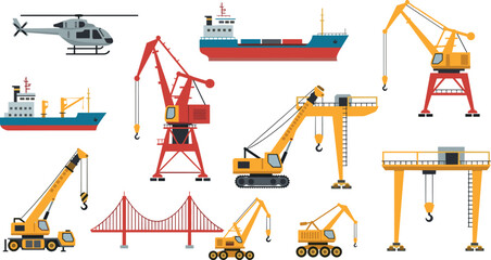 Construction cranes, cargo ships, helicopter, bridge, heavy machinery, transport vehicles, gantry cranes, tower cranes, industrial equipment vector illustration set