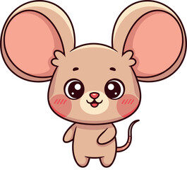 Cute cartoon mouse character with big eyes, pink ears, smiling face, standing pose, perfect for children’s design and educational content