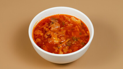 Borsht soup bowl top view isolated