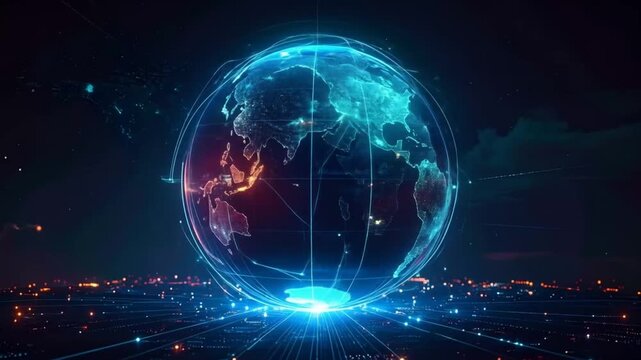 Digital earth globe spinning with global connectivity and data stream animation - Powered by Adobe