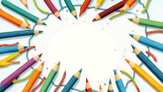 Creative animated with colorful wavy frame and school supplies doodle