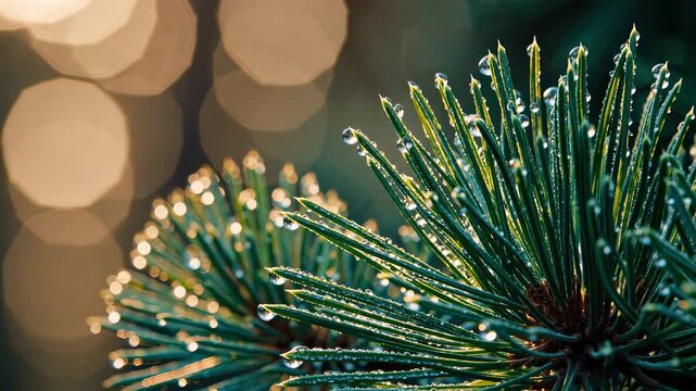 Dewy raindrops resting on green pine needles represent freshness calm renewal and tranquility offering refreshing mood capturing silence beauty and peaceful nature