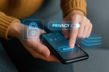 Mobile device privacy settings management home digital content indoor environment close-up viewpoint data security focus