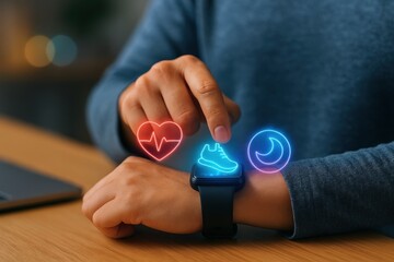 Tracking health metrics smartwatch interaction home office digital content modern lifestyle close-up wellness and fitness monitoring