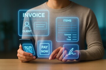 Digital invoice review office workspace mobile payment interface modern technology close-up view financial management