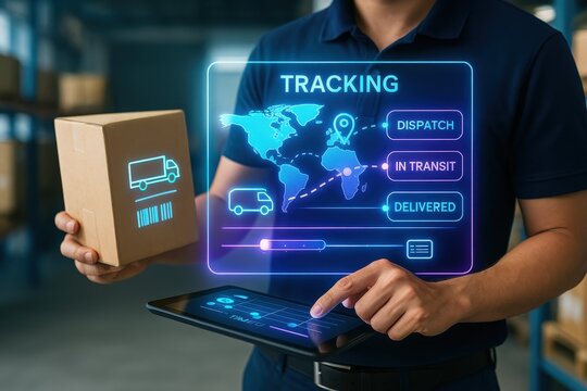 Package tracking technology warehouse digital interface modern environment close-up view logistics optimization - Powered by Adobe