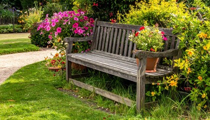 Wooden park bench nestled in a flower-filled garden