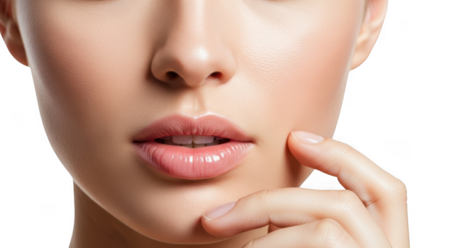 A womans face with perfect skin and full lips, touching her chin with a finger isolated on transparent background