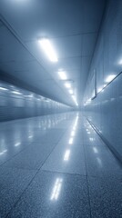 A modern corridor with an abstract design, featuring reflections of colorful lights on the floor, forming a futuristic and evocative setting that combines innovative architecture and a sense of