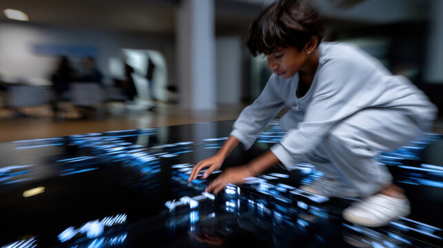 A young child is engaging with glowing digital elements on the floor in a playful environment, highlighting curiosity, exploration, and the joy of learning through technology.
