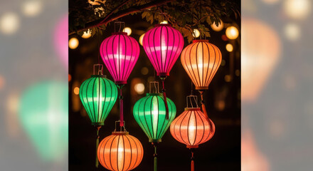Colorful Array of Asian Lanterns Illuminating the Night Sky with Vibrant Hues of Pink, Green, and Orange Creating a Festive and Enchanting Atmosphere
