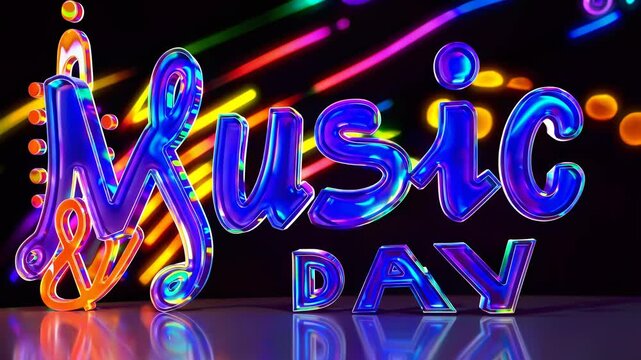 Rainbow neon music day words shine bright inspiring creativity sound festival and diversity promoting positivity and unity through contemporary visual expression