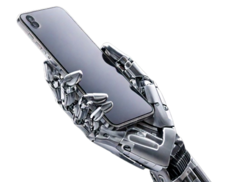 Modern Metallic Robotic Hand Displaying a Silver Smartphone, Isolated on a Transparent Background