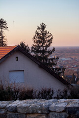 A backdrop with stone terrace and sunset sky for product placement