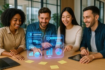 Collaborative business strategy meeting modern office space digital planning session professional environment team engagement kpi and okr focus
