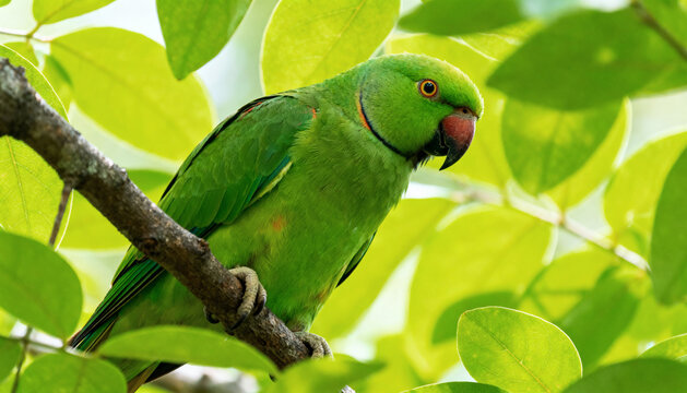 a green parrot (psittacula krameri) sits on a branch among green leaves