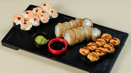 Sushi roll set on tray top view