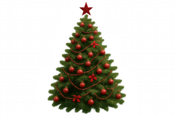 Christmas tree decorating with red ornaments, star, beads, holiday season celebration on transparent background