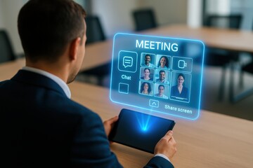 Virtual meeting with chat feature modern office digital interaction professional environment user perspective collaboration concept