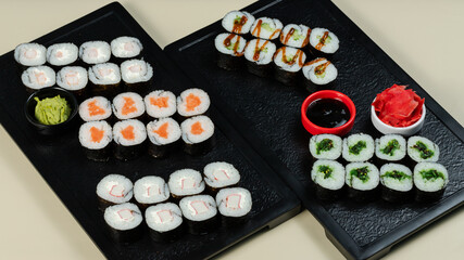 Sushi roll set on tray top view