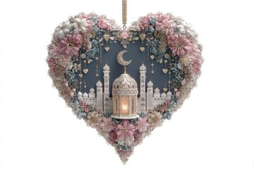 Heart-shaped floral arrangement adorned with intricate architecture, crescent moon, and pastel tones, capturing elegance and cultural symbolization through ornamental beauty