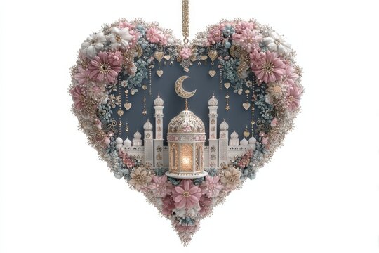 Heart-shaped floral arrangement adorned with intricate architecture, crescent moon, and pastel tones, capturing elegance and cultural symbolization through ornamental beauty