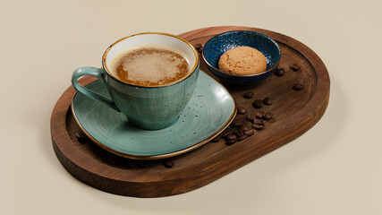 Coffee cup on wooden tray, coffee beans