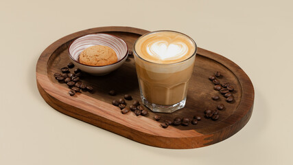 Coffee glass on wooden tray, coffee beans