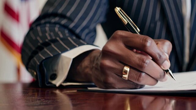 Hand with gold ring holding pen signing important document symbolizes authority leadership trust and professionalism in business law or governance decision making