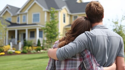 Couple embracing while looking at their new home