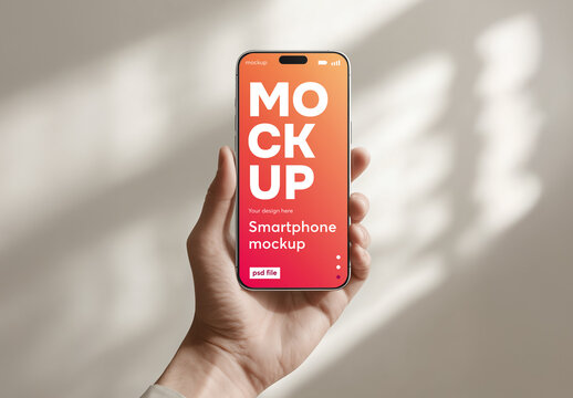 A hand holding a smartphone in daylight setting