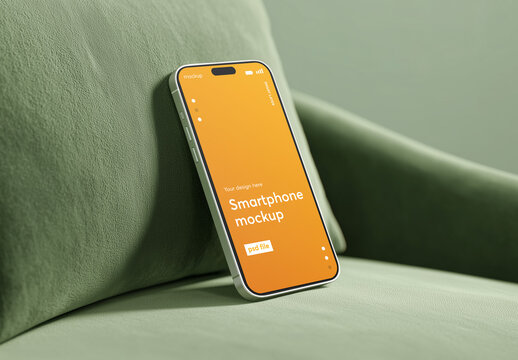 A smartphone mockup on a green sofa