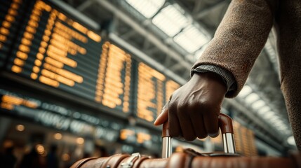 Close-up of a traveler’s hand gripping a suitcase handle at an airport, with a bright flight information display in the background