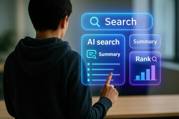 Exploring ai search capabilities in a futuristic office setting digital interface technology innovation close-up view